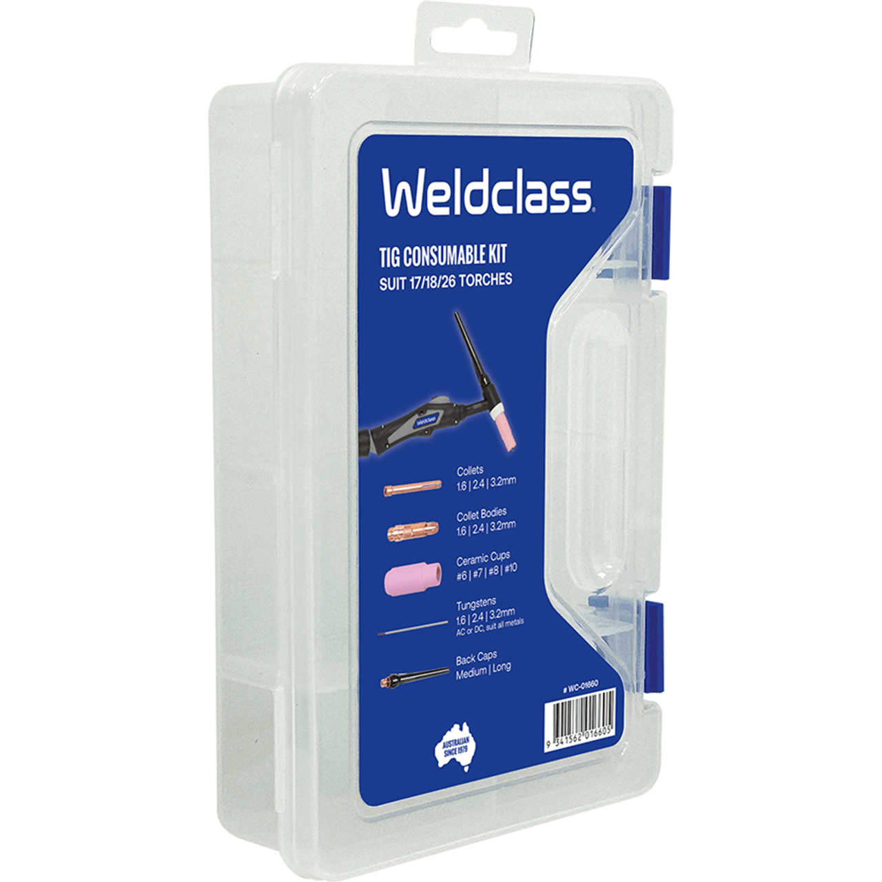 Weldclass TIG consumable kit that suits 17/18/26 series torches packaging on a white background