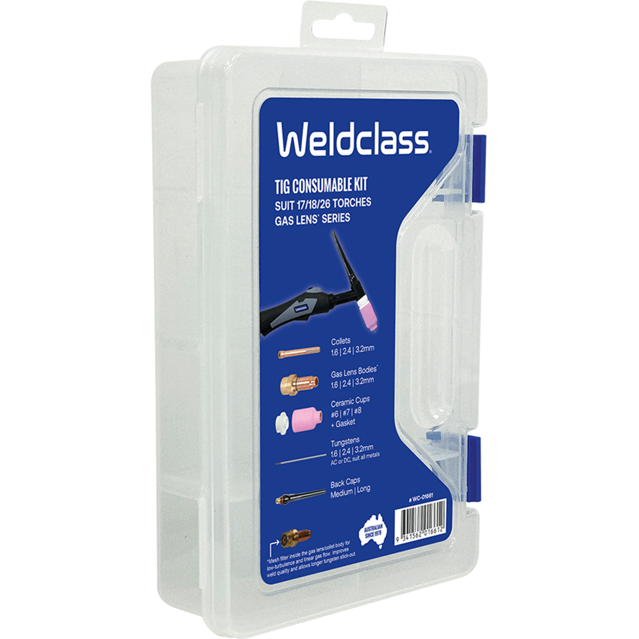Weldclass TIG consumable kit Gas Lens Series packaging on a white background