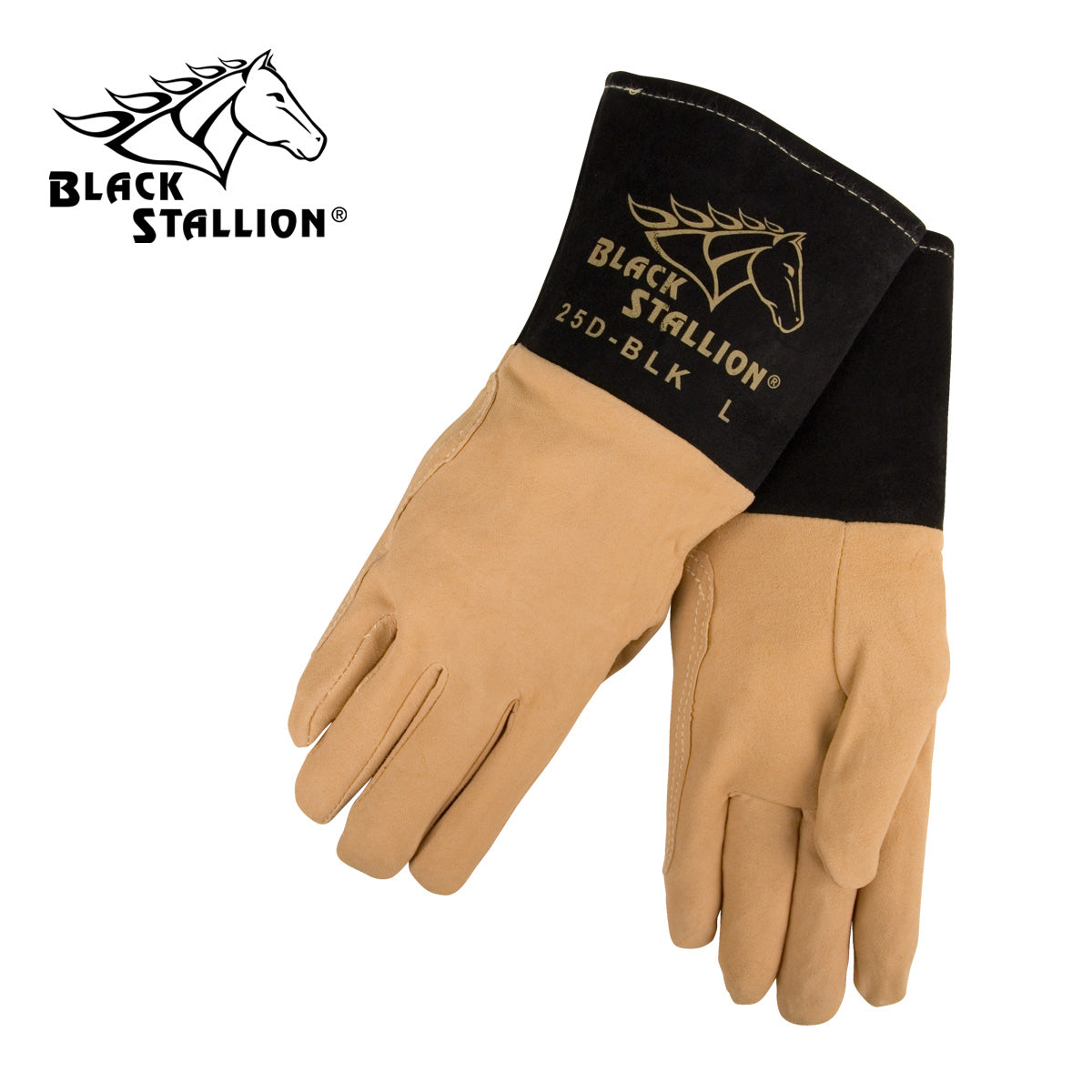 A pair of Black Stallion premium split deerskin gloves with added insulation and abrasion resistance, featuring Kevlar stitching.