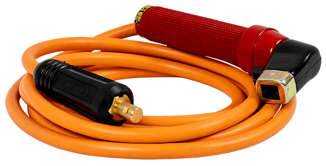 An electrode holder work lead with an orange cable and a large connector, alongside a black handle with a red grip.
