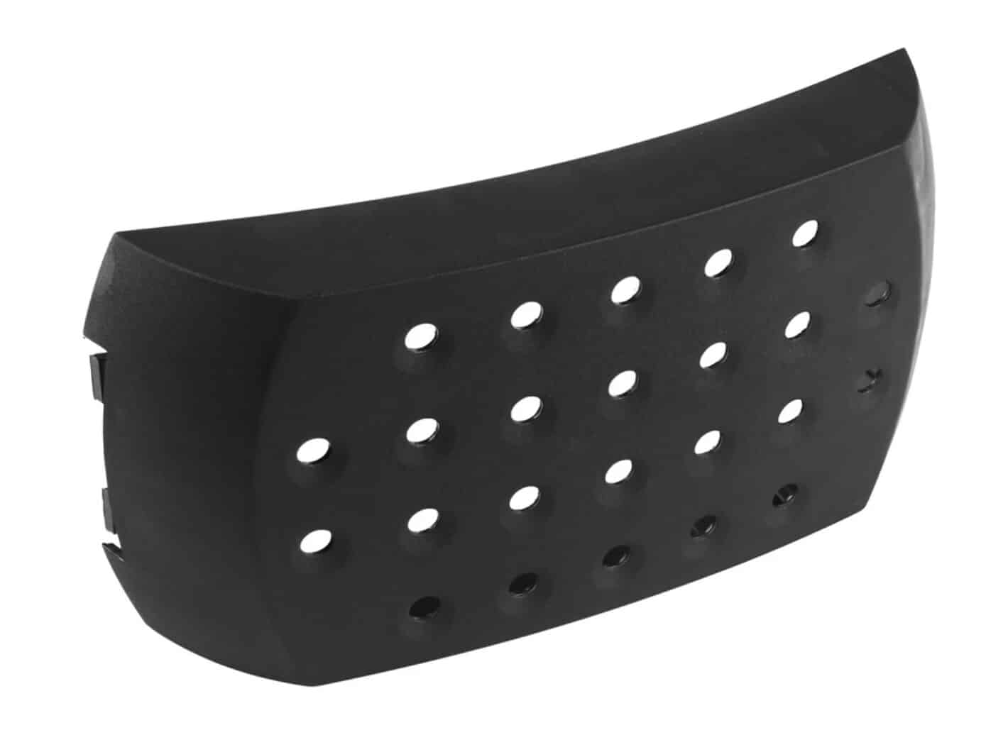 Matte black filter cover for Adflo powered air respirator with multiple perforations for filter placement.
