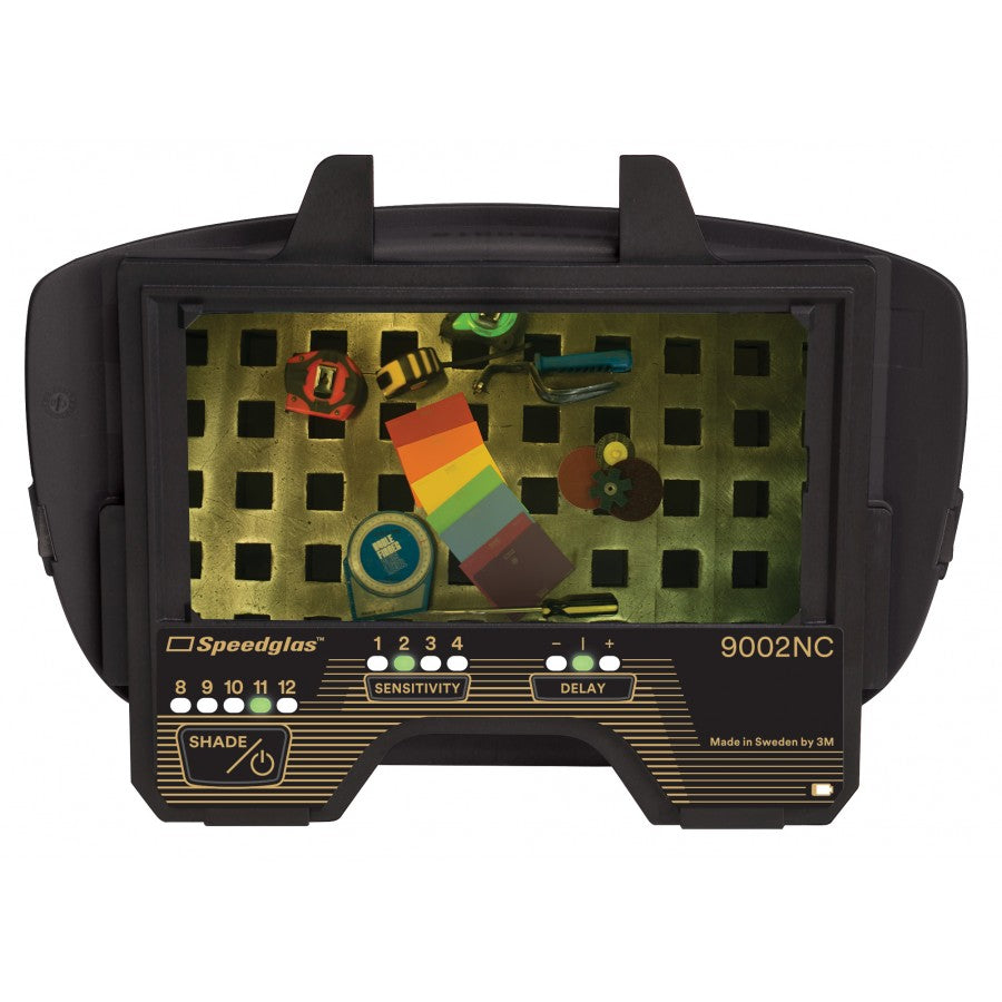 Speedglas Welding Lens 9002NC with a viewing area displaying colourful optics, attached to a black welding helmet shell.