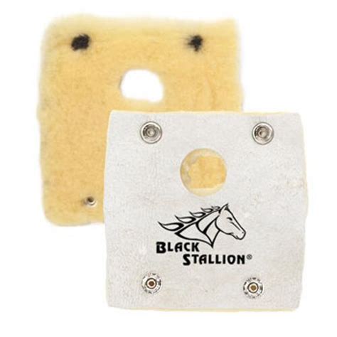 Soft sheepskin padding for welding helmet headgear straps with a knob hole, featuring the Black Stallion logo.