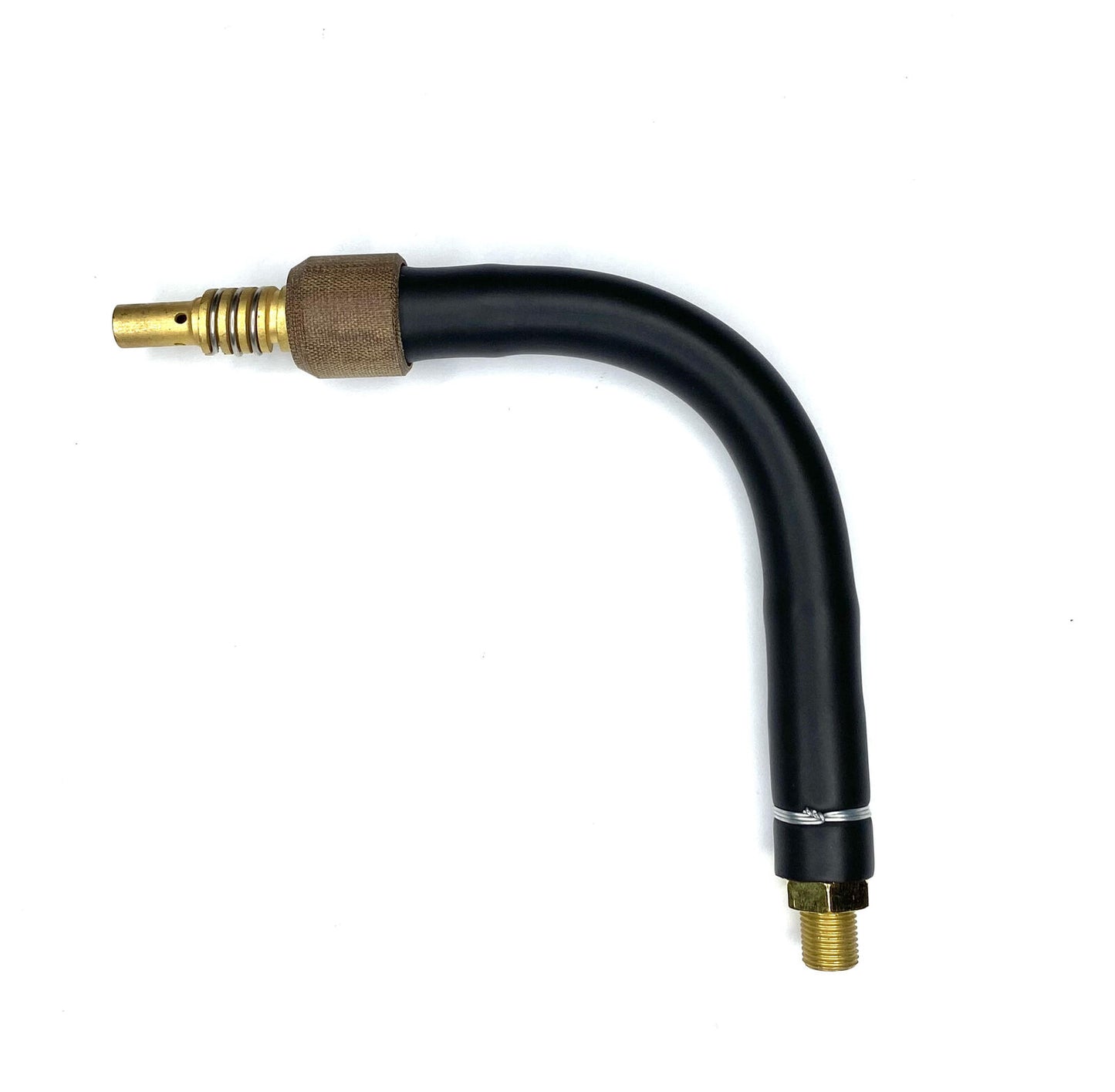 A black flexible swan neck with gold-coloured connectors at both ends, designed to suit MB15 style MIG guns.