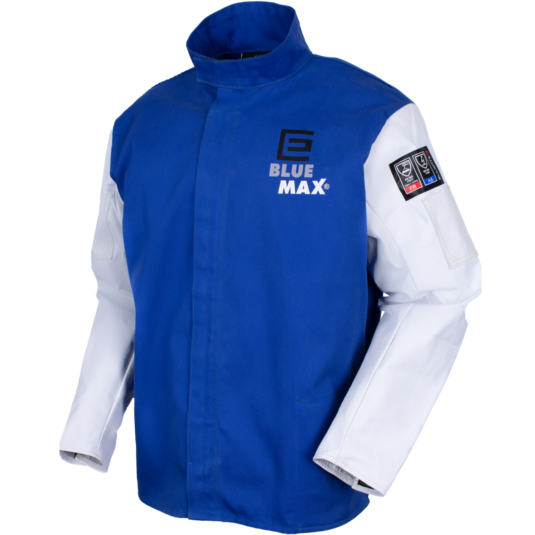 A blue and white welders jacket with grain leather sleeves. It includes a logo on the chest and a patch on the sleeve.