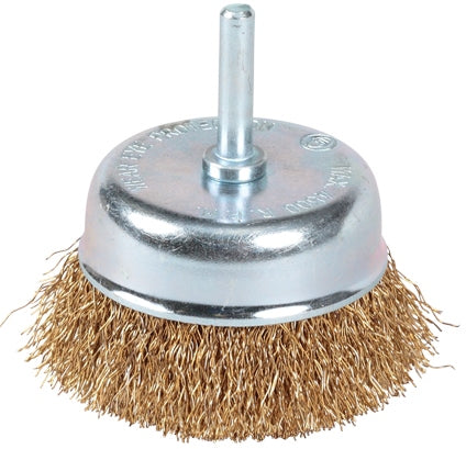 A 75mm Crimped Steel Spindle Mount Cup Brush with a silver metal shaft and a brass-coated crimped wire head designed for paint and deburring tasks.