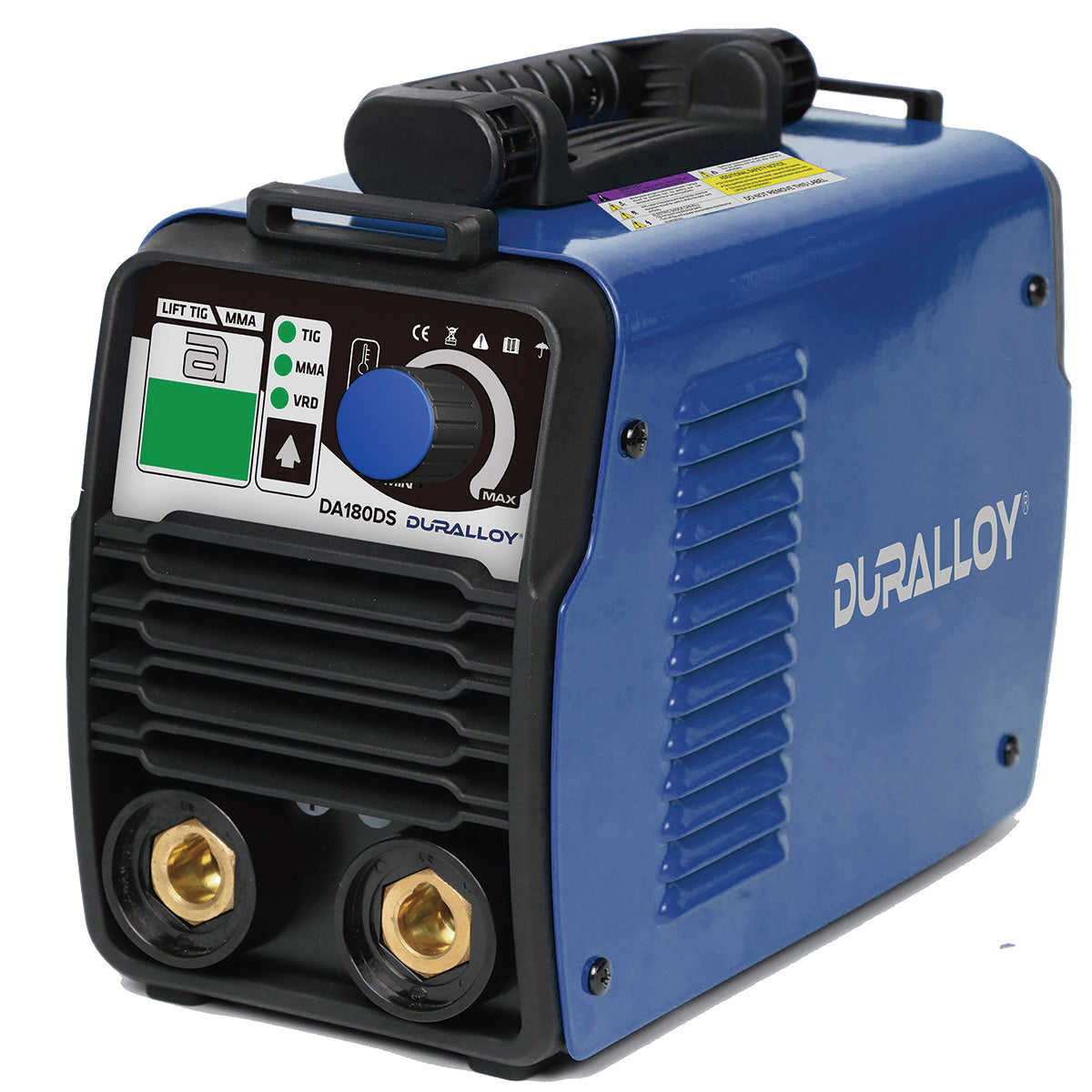 A blue and black Duralloy portable MMA inverter welder with power settings and connectors visible on the front panel.