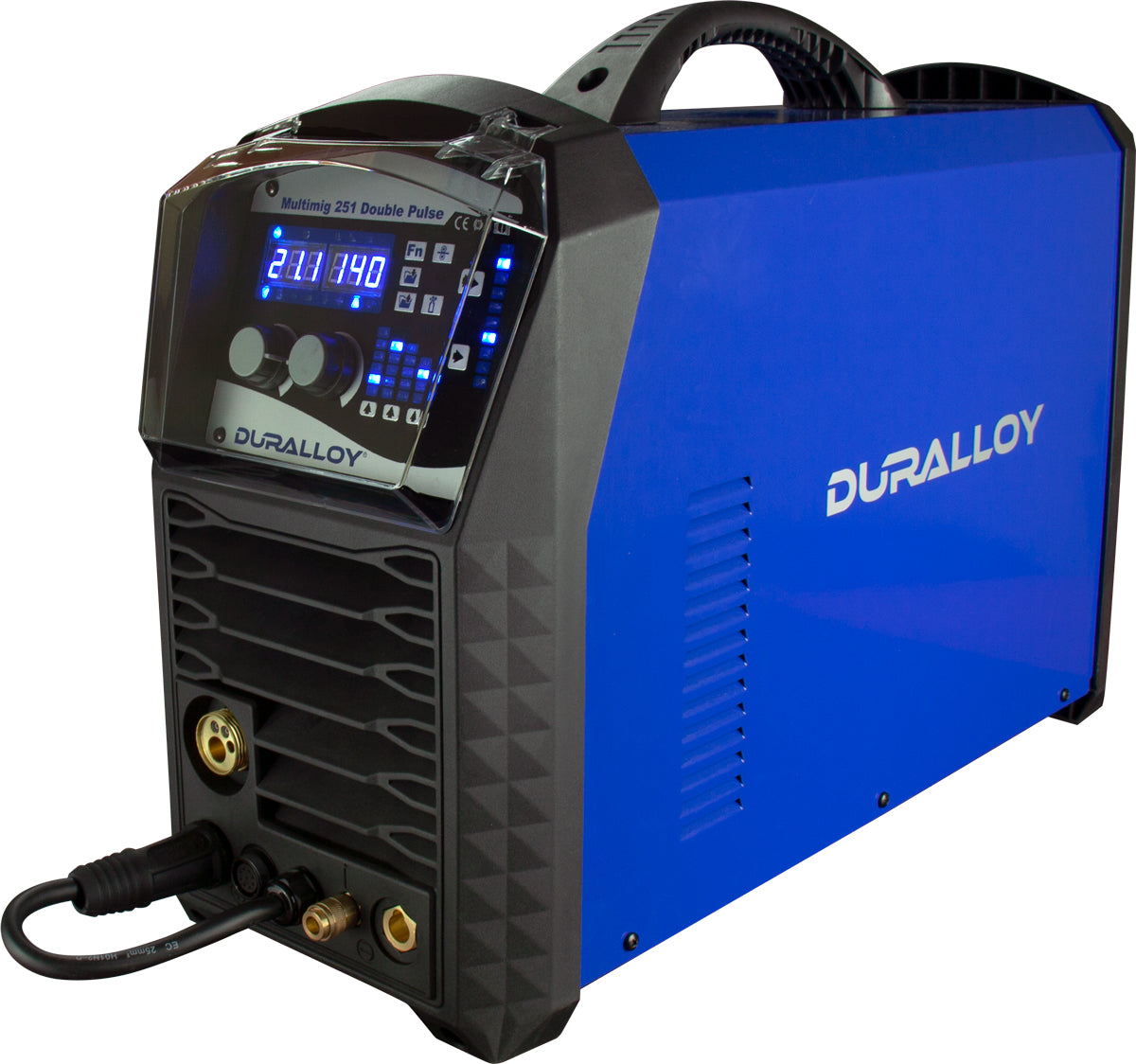 A blue and black Duralloy MULTIMIG 251 DOUBLE PULSE PFC MV welder with a digital display and controls.