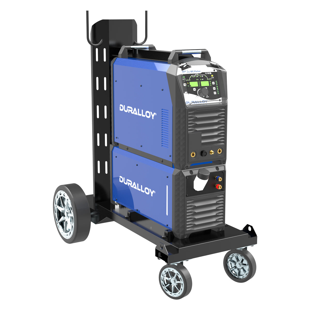 A blue and black Duralloy TIG 321P AC/DC PULSE 3Phase TIG Inverter Welding machine mounted on a black industrial trolley with water cooler.