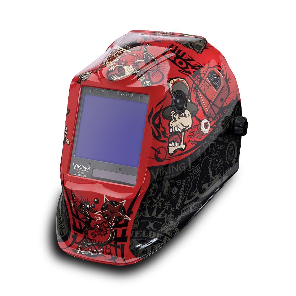 Lincoln Electric 3350 4C Mojo Viking Welding Helmet with Grind Button 
 product code K3101-4 red and black helmet with graphics