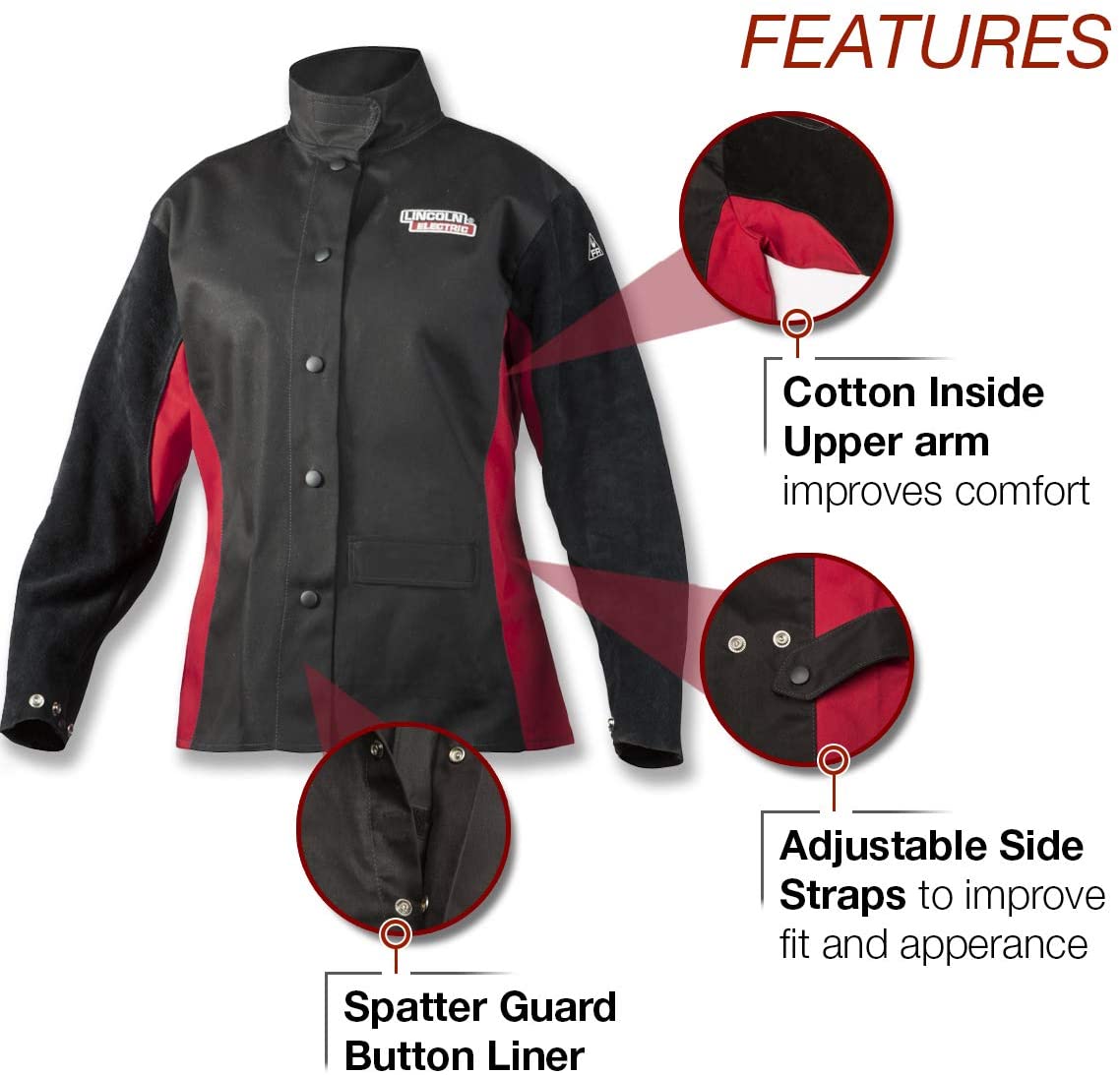Lincoln Redline Womens Flame Resistant Welding Jacket displaying features diagram