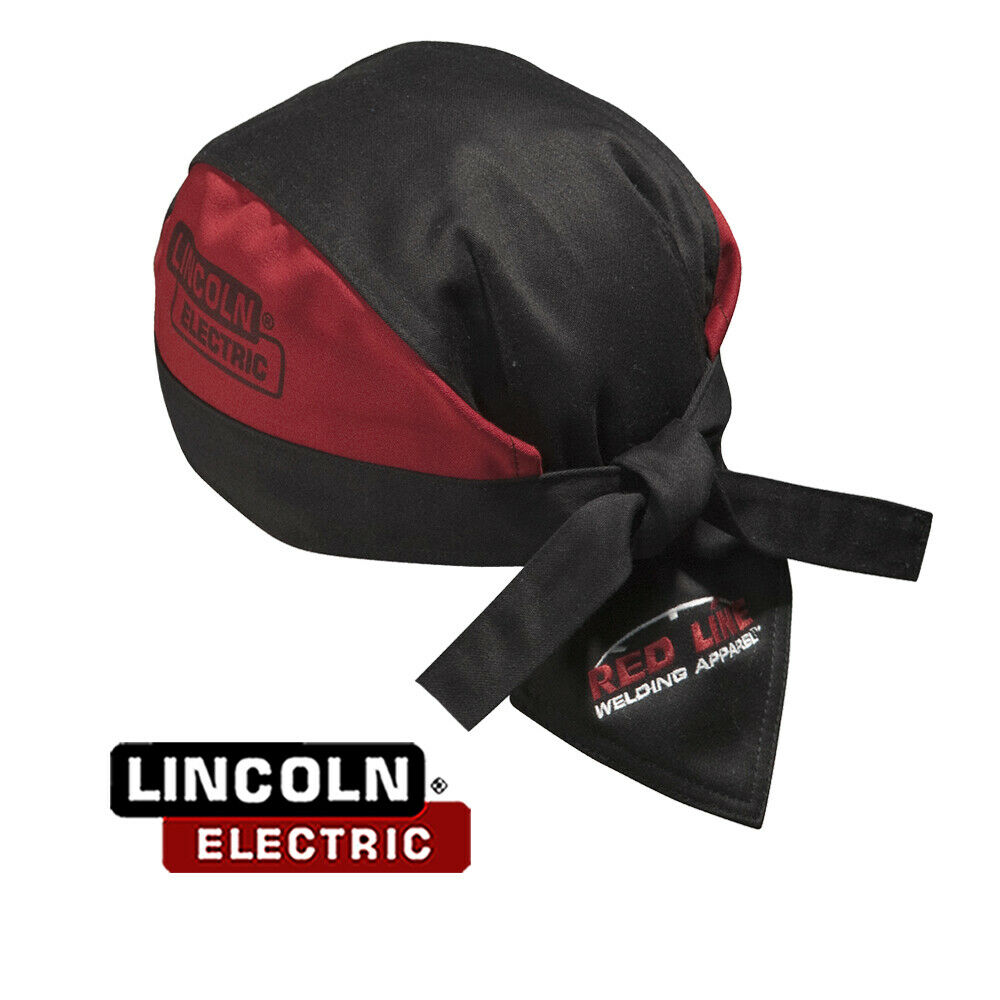 A black and red flame retardant doo rag with the Lincoln Electric logo.