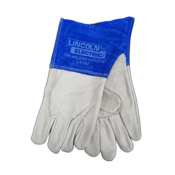 A pair of Lincoln TIG welding gloves with a blue reinforced cuff.