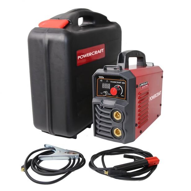 Lincoln Powercraft 185 Stick and Lift Tig Welding Machine, including a welding cable, clamp, with a black case.