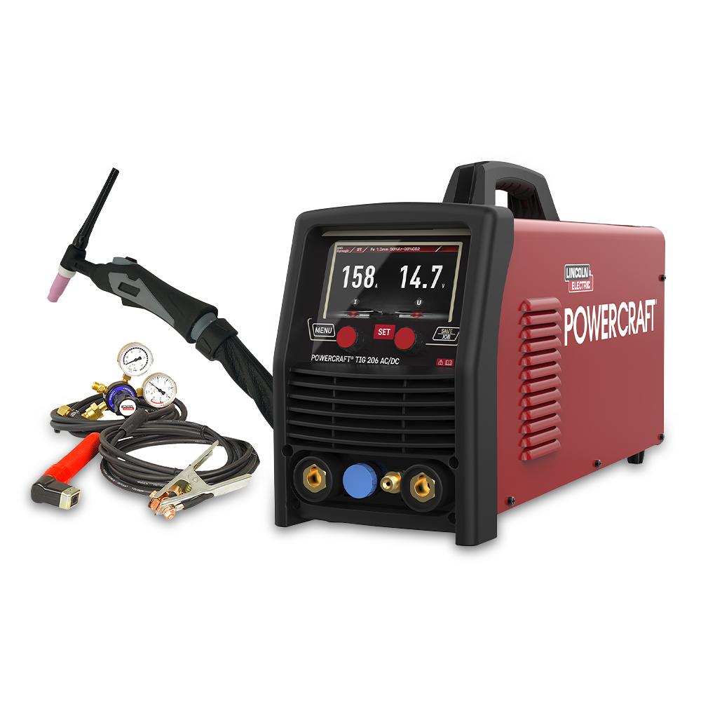Lincoln Powercraft 206 TIG AC/DC Welding Machine with an LCD screen, regulator and a welding torch attached.