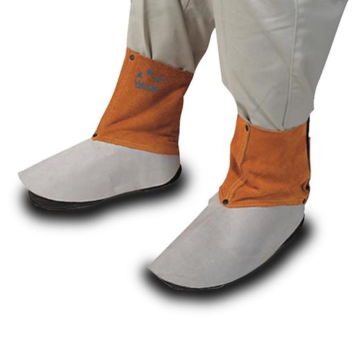 A pair of welding spats made of heavy duty split leather, designed to protect shoes during welding tasks.