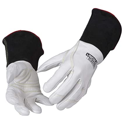 A pair of Lincoln TIG Goatskin welding gloves with a 125mm cuff, designed for TIG welding, featuring a white leather palm with black cowhide cuff.