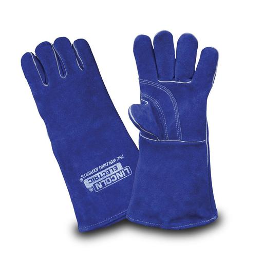 A pair of blue premium leather welding gloves with reinforced palm and extended forearm coverage.