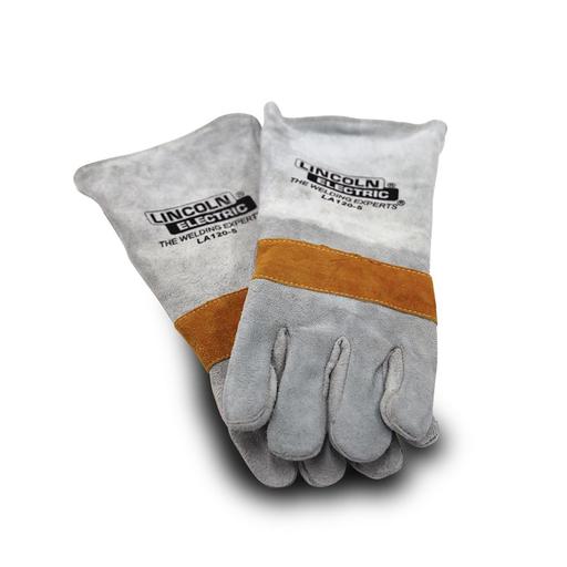 A pair of Lincoln Electric grey leather welding gloves with cotton lining and Kevlar thread.