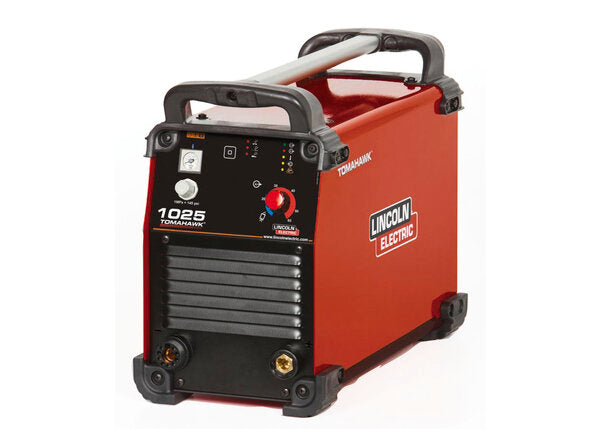 Lincoln Tomahawk 1025 Plasma Cutter, red and black in colour and visible control panel.