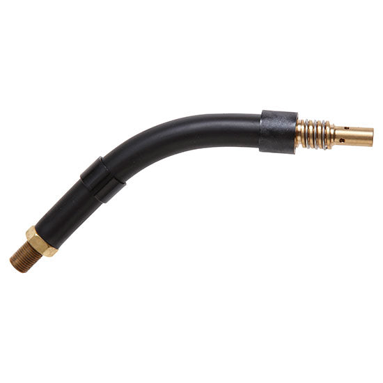 A black swan neck designed for MB 15 Mig Torches with a 50º bent design and gold-toned connectors