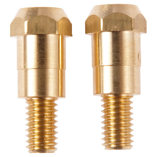 Two gold coloured metal contact tip holders for MIG/MAG welding torches.