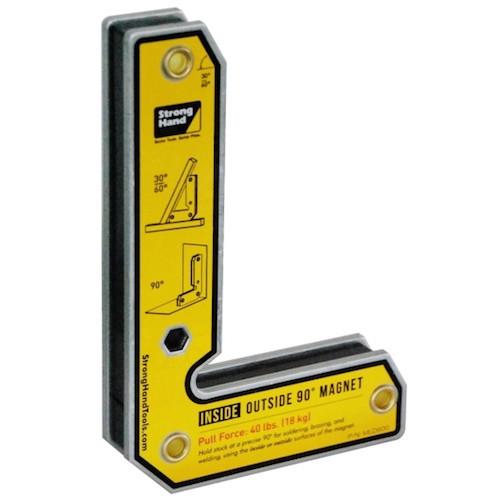 Stronghand magnet with 90 degree inside and outside angle, designed to hold sheet metal, round pipes, square, angled or flat stock.