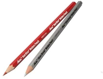 Two pencils, one with silver streak and the other with red riter labeling, intended for welding and marking on metal surfaces.