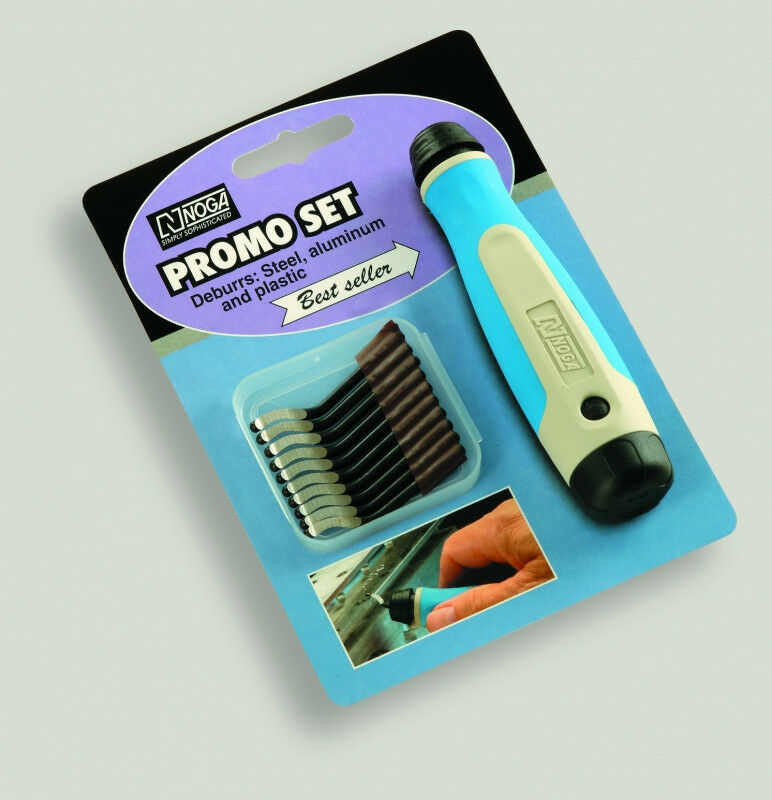 Deburr Promo Set NG8150 This Deburr Promo Set NG8150 includes 10 replacement S10 blades and a Noga Grip 1 handle for precision deburring.