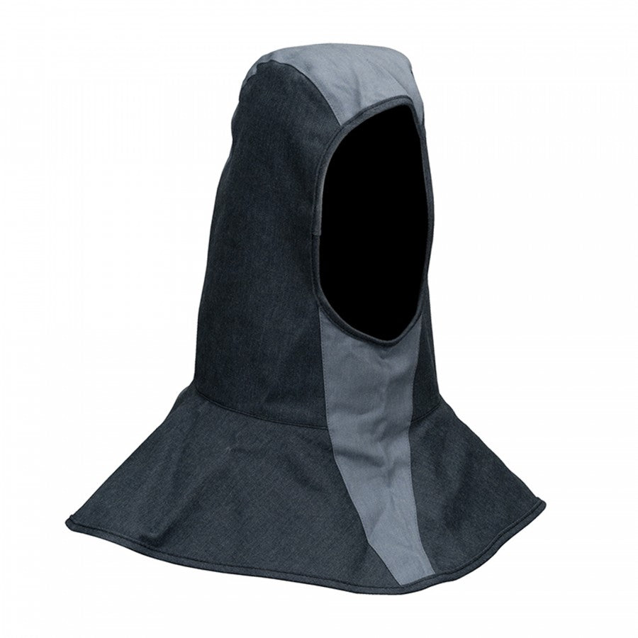 A black Speedglas head cape made from flame resistant Tecaweld cloth, designed to be worn underneath a welding helmet.