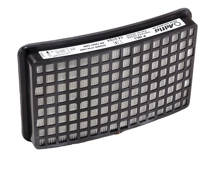 A black Speedglas particle filter for Adflo PAPR system, with a grid of white filter material and a label at the top.