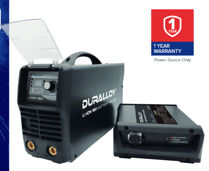 A Duralloy portable welding machine with a battery power source. The image shows the welding machine and the battery charger.