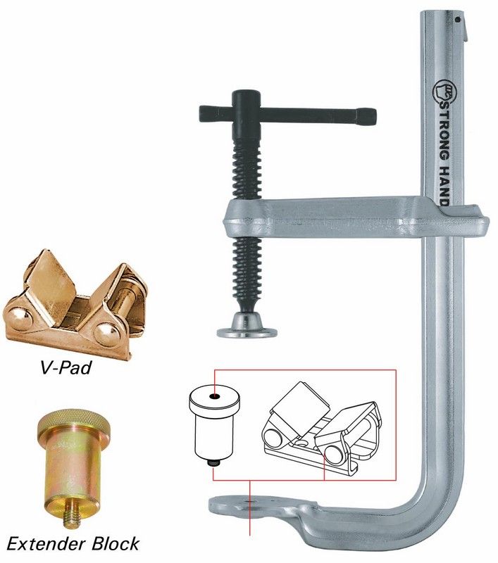 Metal utility clamp with its different components and configurations, including a V-Pad and an Extender Block.