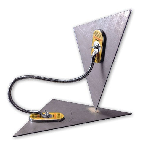 A flexible magnetic tool with a clamp and two flat magnetic pads, mounted on a triangular metal base,holds stock at any angle.