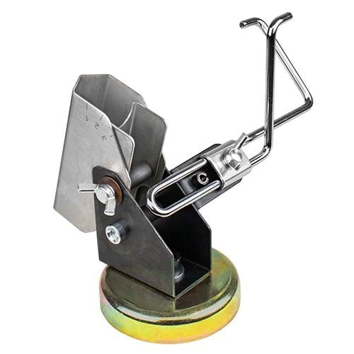 A silver-colored metal welding holder with an adjustable angle and a cable hanger, designed to hold MIG or TIG torches and electrode holder.