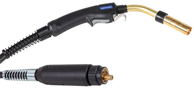European-style Bernard 400 Amp MIG torch 4.6 m Euro connection, black handle with a knuckle joint and a gold-coloured torch end