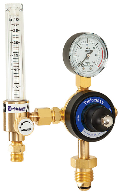 Argon gas flow rate regulator with a solid brass body, bonnet, and colour coded gauges for MIG and TIG welding.