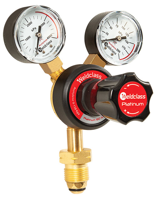 Weldclass Platinum Acetylene Regulator featuring two pressure gauges, a red adjustment knob, and brass-coloured body.