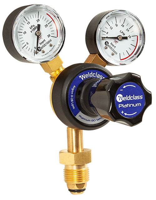 Weldclass Platinum Argon Twin Gauge Style Regulator, with two pressure gauges, a body made from brass and steel.