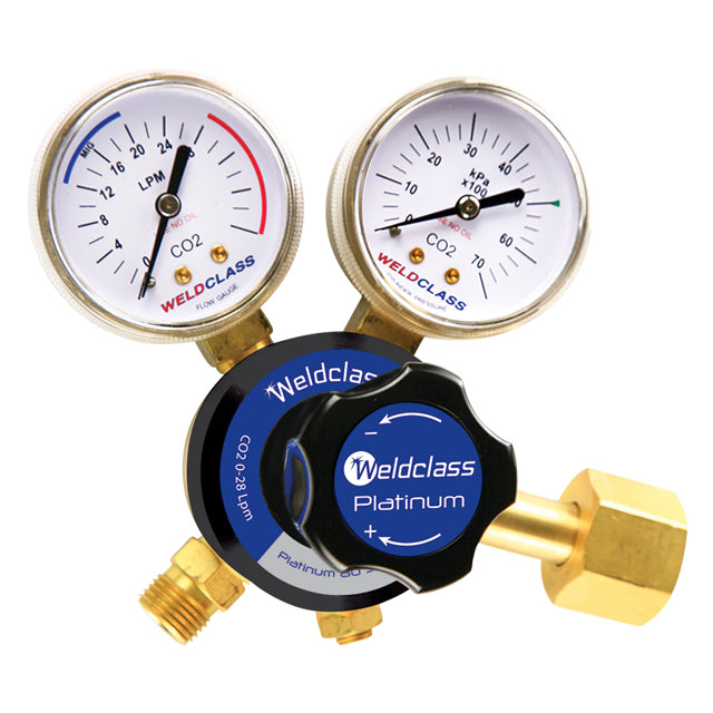 A Weldclass Platinum CO2 regulator with two pressure gauges and a blue body, designed for MIG welding applications.