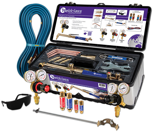 Weldclass Oxy/Acetylene Platinum Kit with regulators, hoses, and various welding accessories displayed in an open tool box.