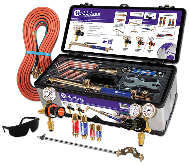 Weldclass Oxy/LPG Platinum Kit with welding tools including hoses, regulators, cutting and brazing attachments and tool box.