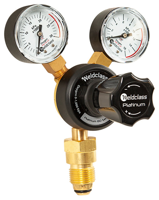 Weldclass Platinum Oxygen regulator with two pressure gauges and a black body, featuring brass fittings.