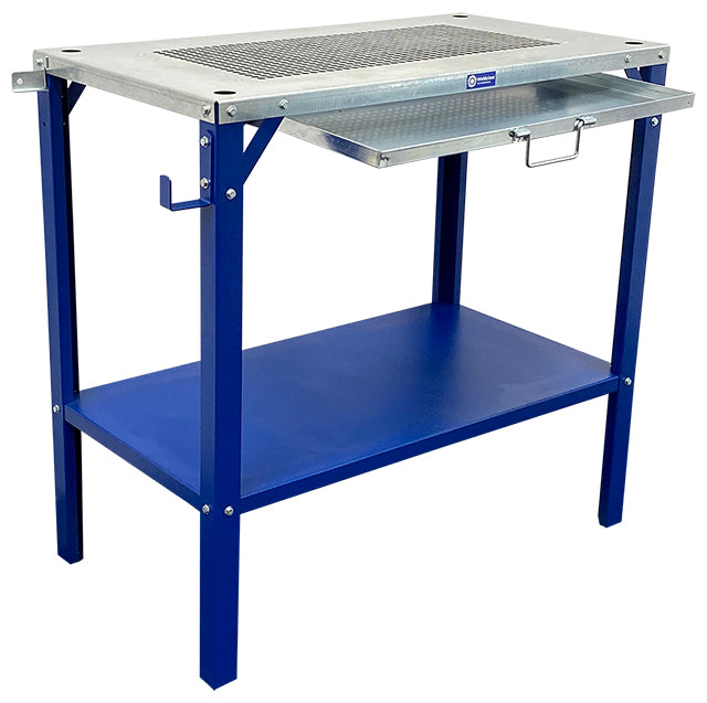 A blue Weldclass Promax WT3 Welding Table with a metal top, storage shelf, and torch/cable hook.