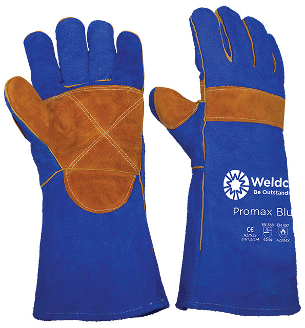 A pair of blue welding gloves with brown leather reinforcements and a brand logo on the back of the hand.