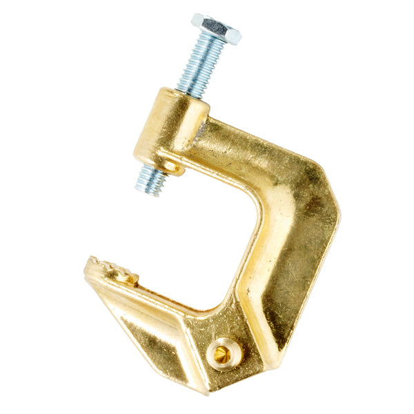 A gold coloured brass 'G' earth clamp with a 500 amp rating, designed for welding and heavy-duty industrial use.
