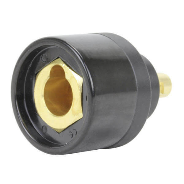 A black and gold CX70 Dinse 25/50 Adaptor with a brass body and an outer nut.