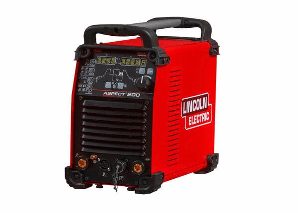 Red and black Lincoln Aspect 200 AC/DC Tig Welding Machine with a digital display and control buttons.