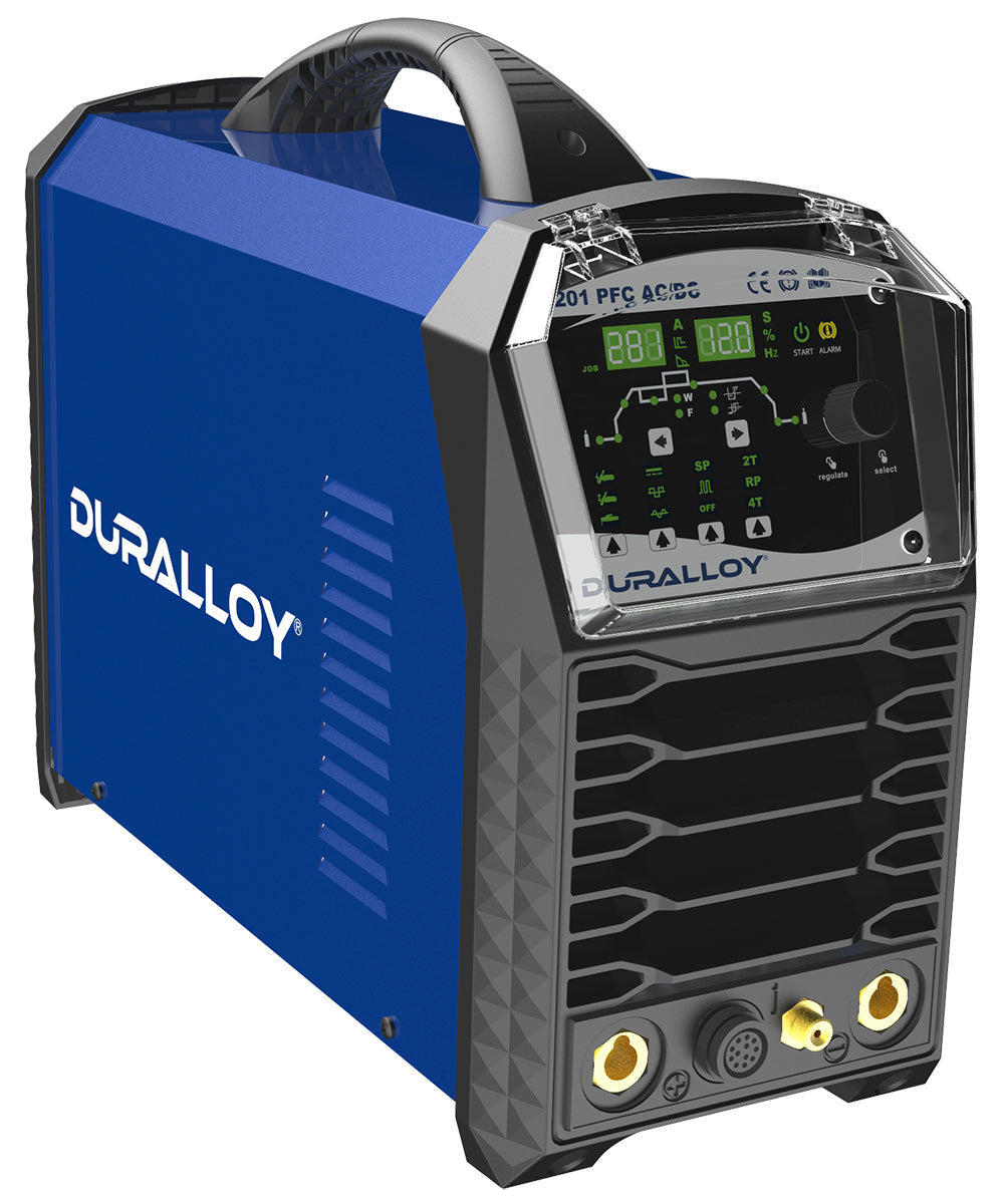 Duralloy 201 PFC 240V AC/DC HF Pulse Inverter TIG Welding Machine with a blue and black exterior and digital display.