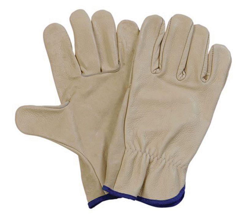 A pair of beige leather riggers gloves with blue trim.